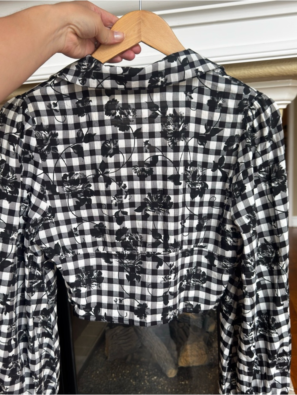 Floral Check V-Neck Puff Sleeve Crop Blouse Dark Academia Cottagecore Top L - Picture 3 of 4
